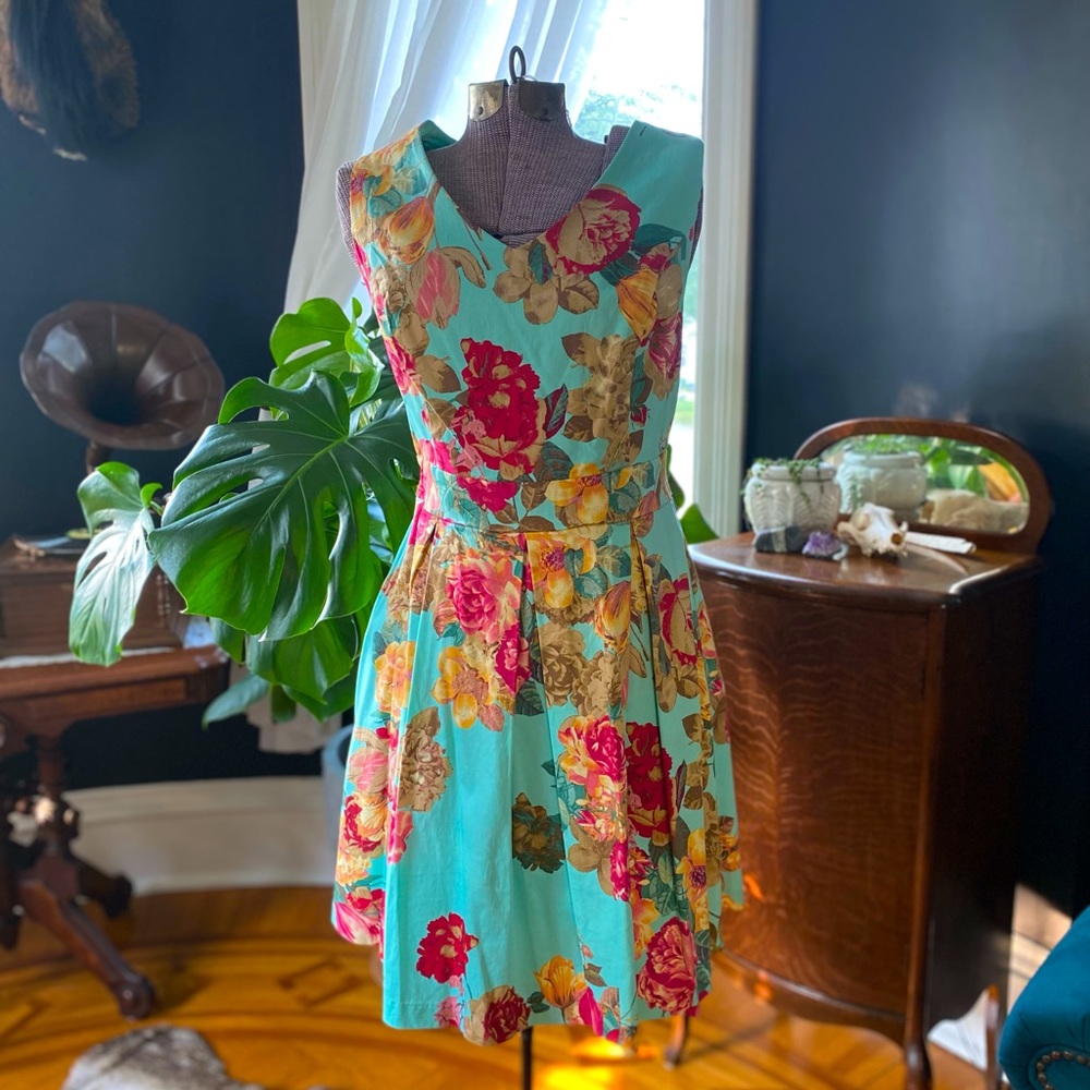 Teal floral sleeveless pleated a-line dress NWT